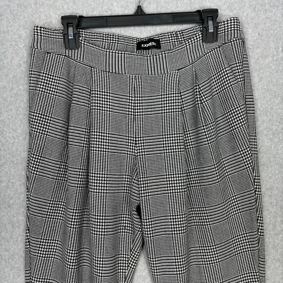 Express Pants Women Medium Black White Houndstooth Plaid Pleated Trouser Ankle - Picture 2 of 11
